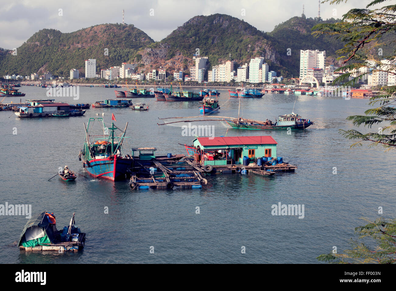 Les bateaux de pêche et les maisons autour de l'île de Cat Ba, au Vietnam. Banque D'Images