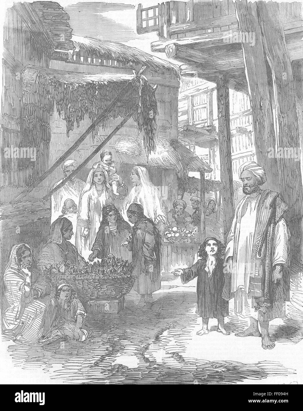 Bazar de légumes en Inde Srinagar au Cachemire en 1857. Illustrated London News Banque D'Images