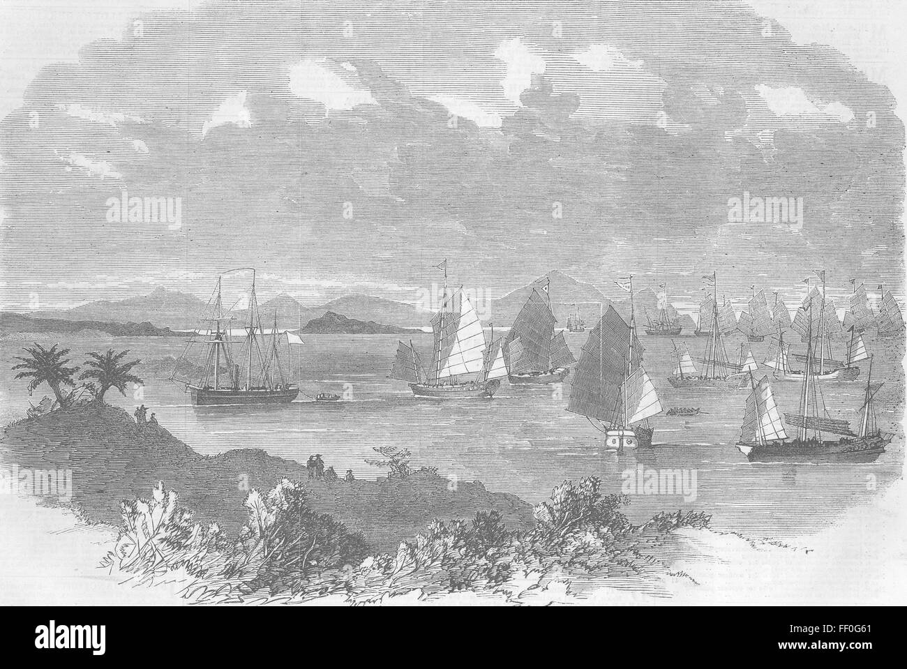 Les jonques de la Chine, de l'Opossum HMS, à l'attaque pirate, How-Chow 1865. Illustrated London News Banque D'Images