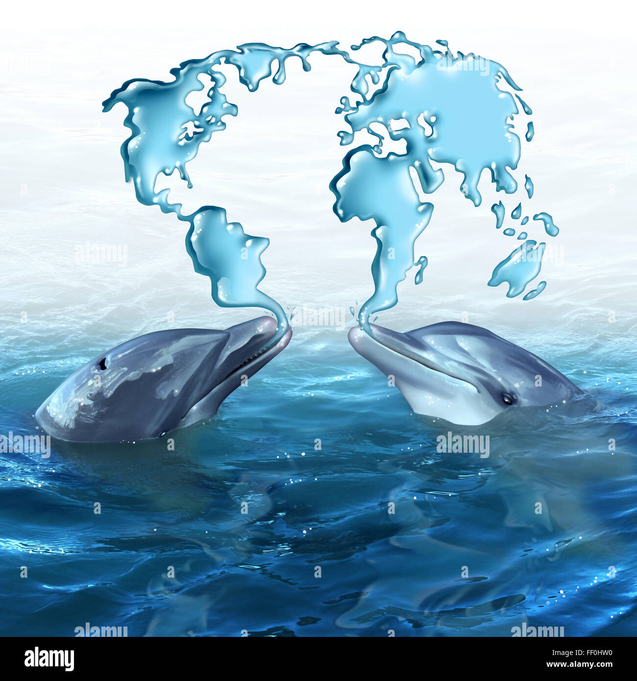 Concept d'écologie marine et l'océan comme symbole de l'environnement deux dauphins crachant de l'eau de la mer en forme de carte mondiale des Banque D'Images