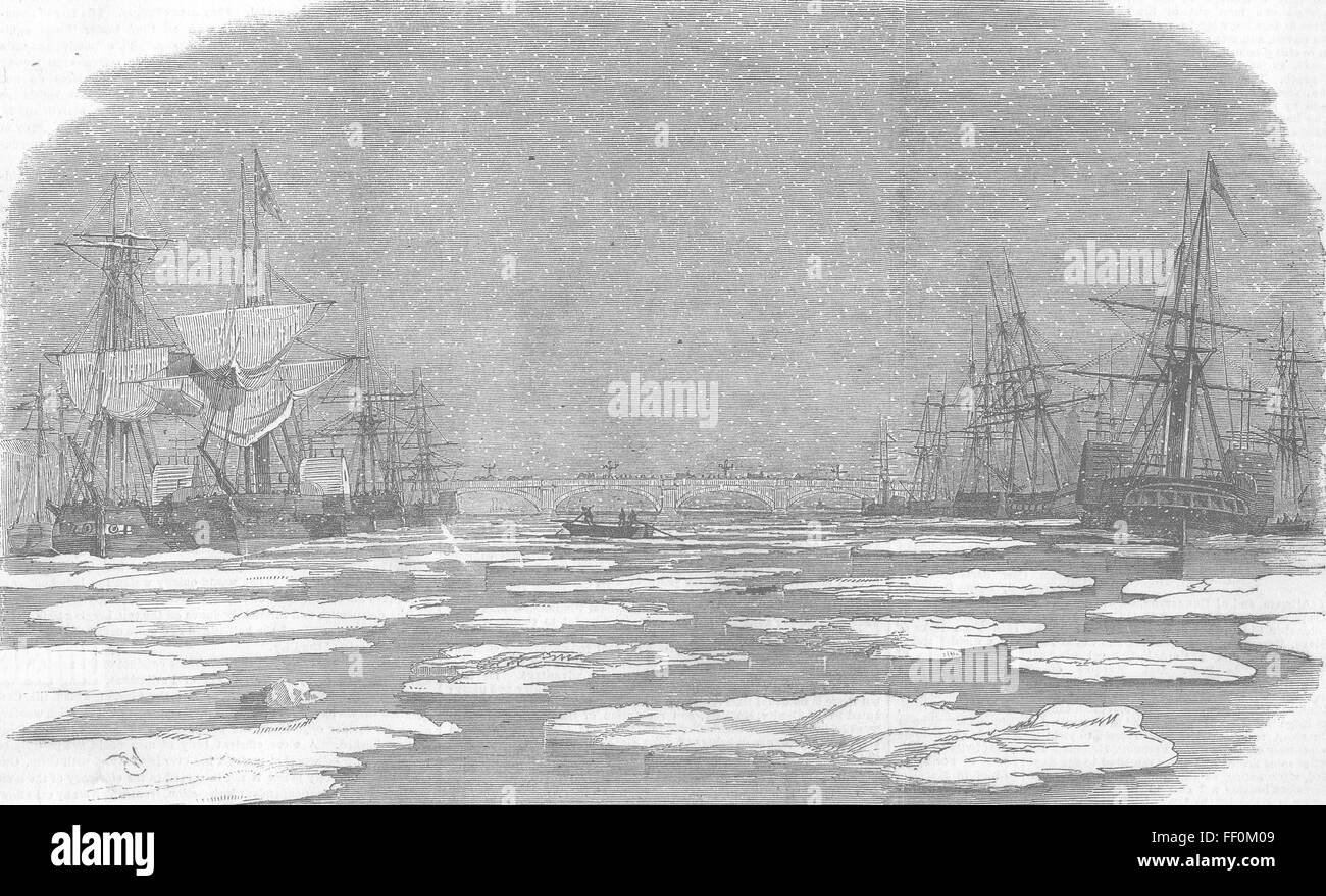 Thames London Bridge, ci-dessous pendant le gel de 1854. Illustrated London News Banque D'Images