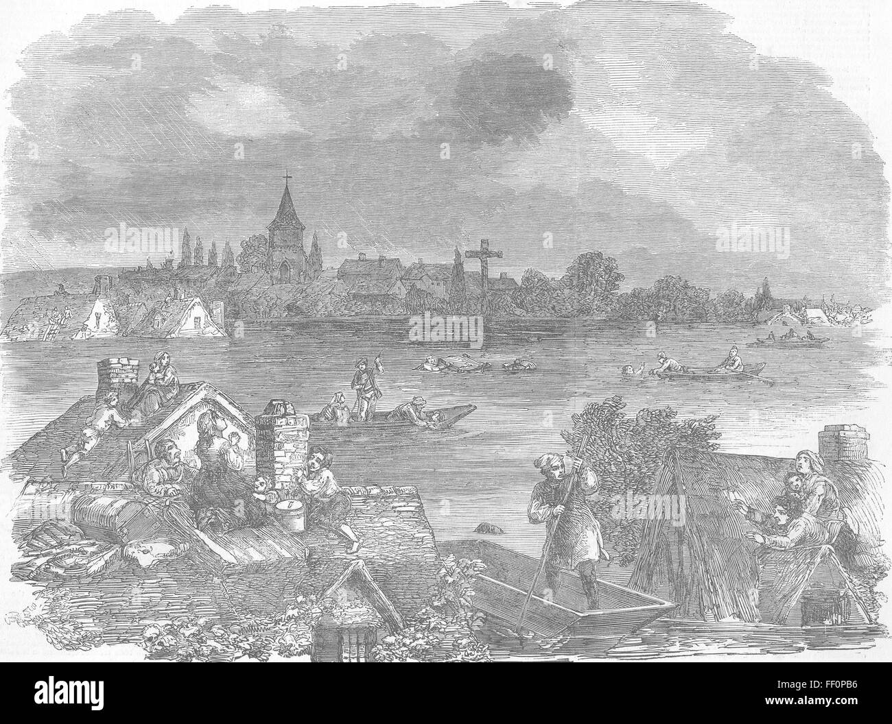 FRANCE Village de Boucharge inondées par Rhone 1852. Illustrated London News Banque D'Images