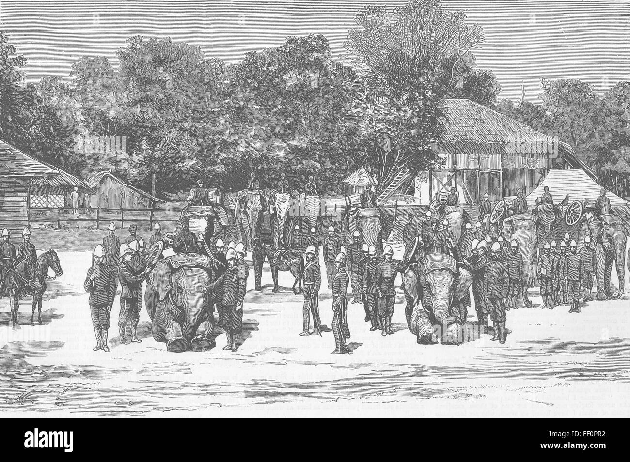 Birmanie canons montés sur des éléphants, Tounghoo 1879. Le graphique Banque D'Images