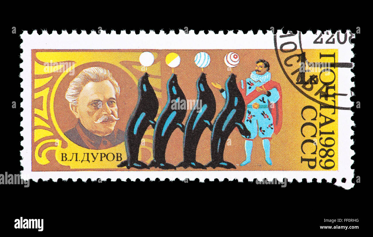 Timbre-poste de l'Union soviétique représentant C. L. Dourov, clown professionnel et entraîneur des animaux, artiste de cirque soviétique. Banque D'Images