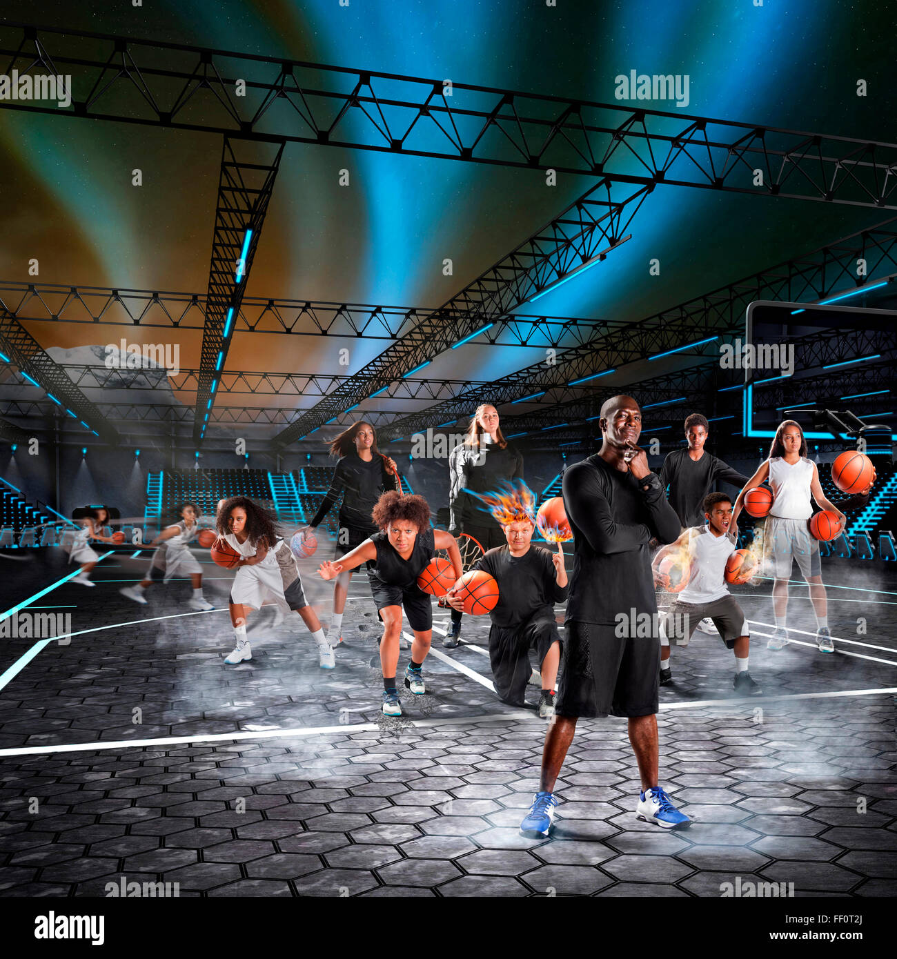 Image composite d'athlètes jouant au basket-ball sur cour Banque D'Images