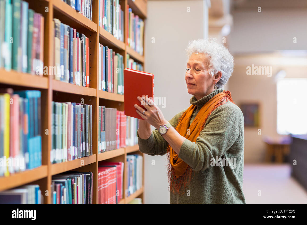 Plus mixed race woman choosing book in library Banque D'Images
