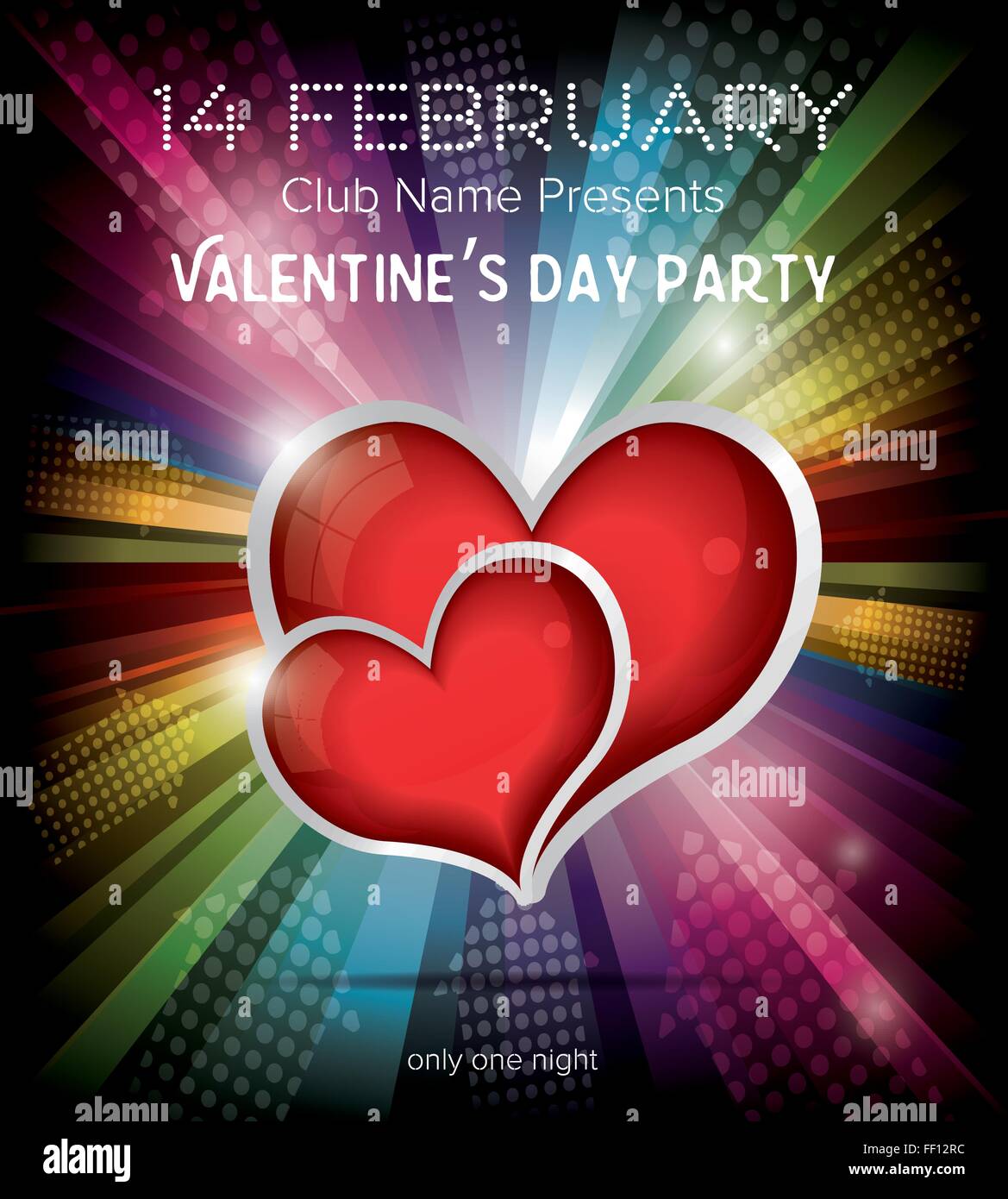 Happy Valentines Day Party Flyer Design Modèle sur fond arc-en-ciel. Vector Illustration. Concept Flyer Club Illustration de Vecteur