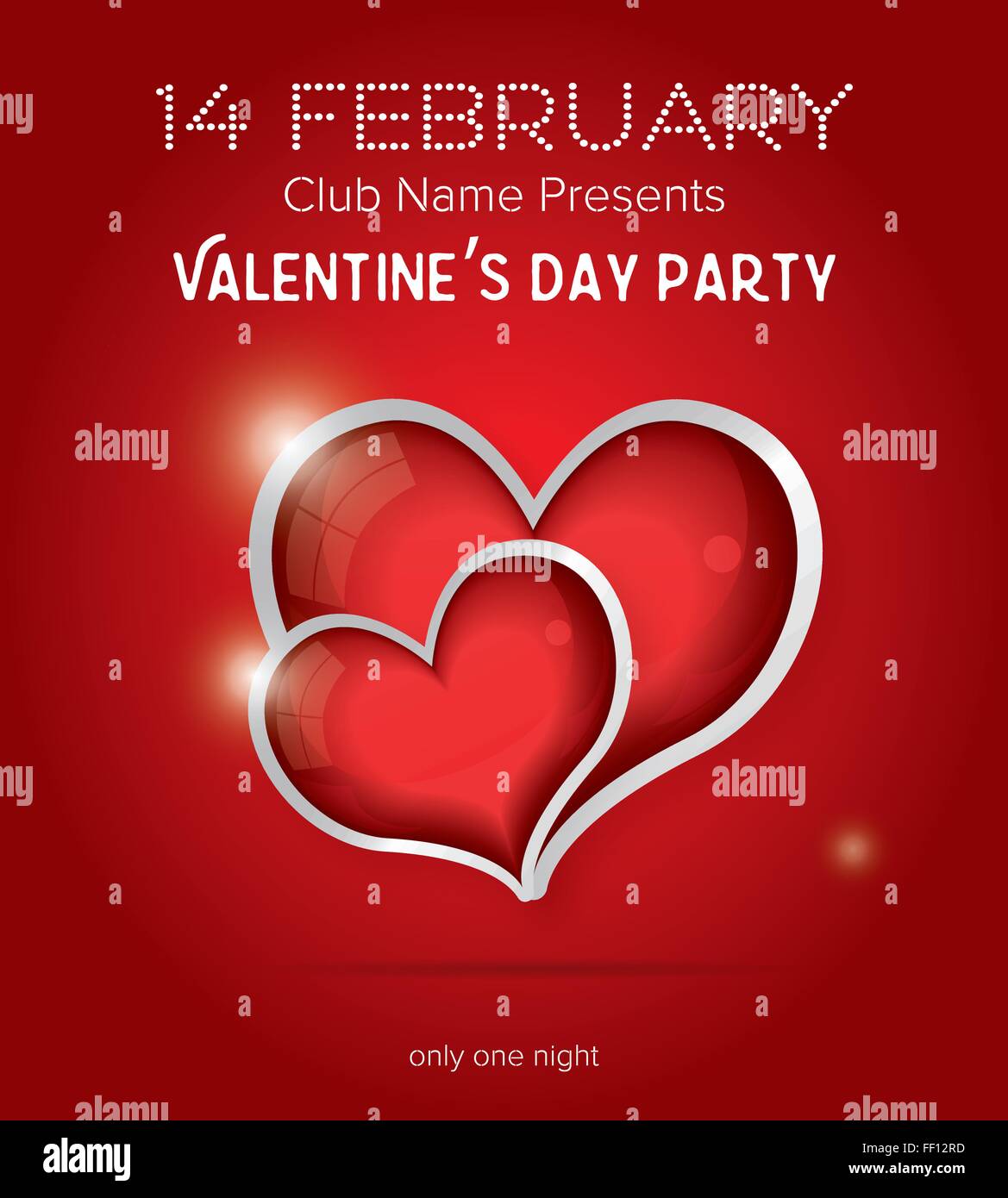 Happy Valentines Day Party Flyer Design Modèle. Vector Illustration. Flyer Club Concept avec deux coeurs rouges et copier l'espace. Illustration de Vecteur