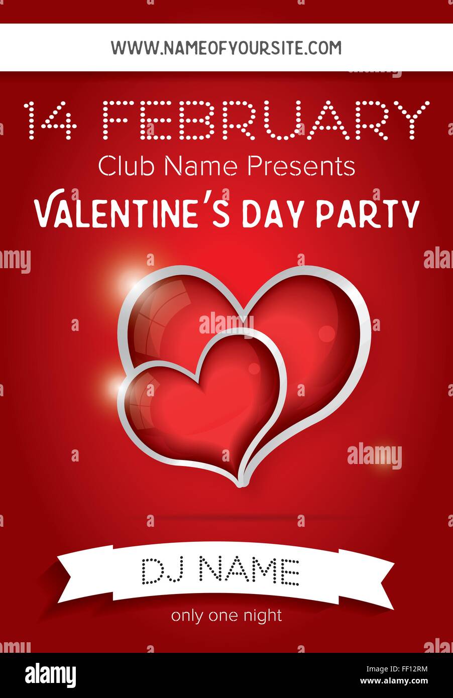 Happy Valentines Day Party Flyer Design Modèle. Vector Illustration. Flyer Club Concept avec deux coeurs rouges et copier l'espace. Illustration de Vecteur