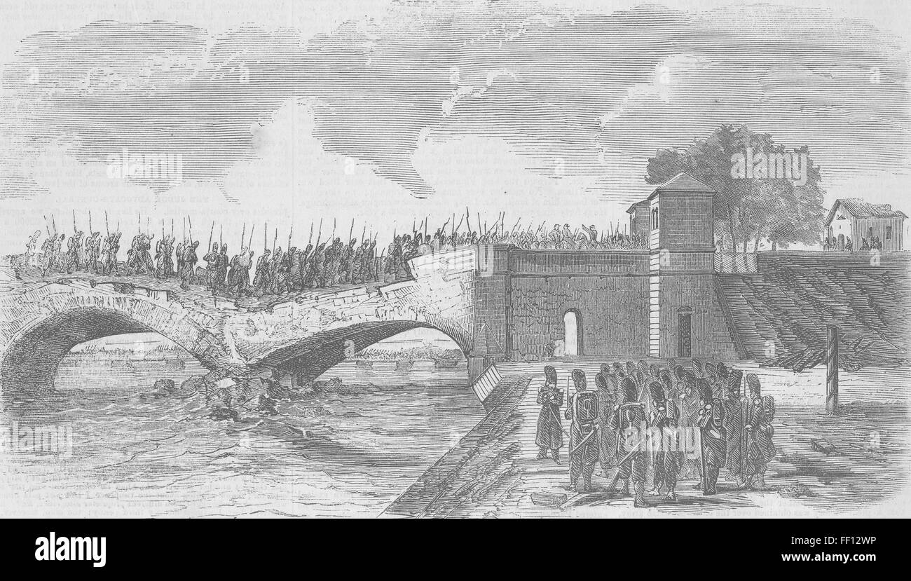 Italie Les troupes françaises crossing bridge de Buffalora, 1859. Illustrated Times Banque D'Images