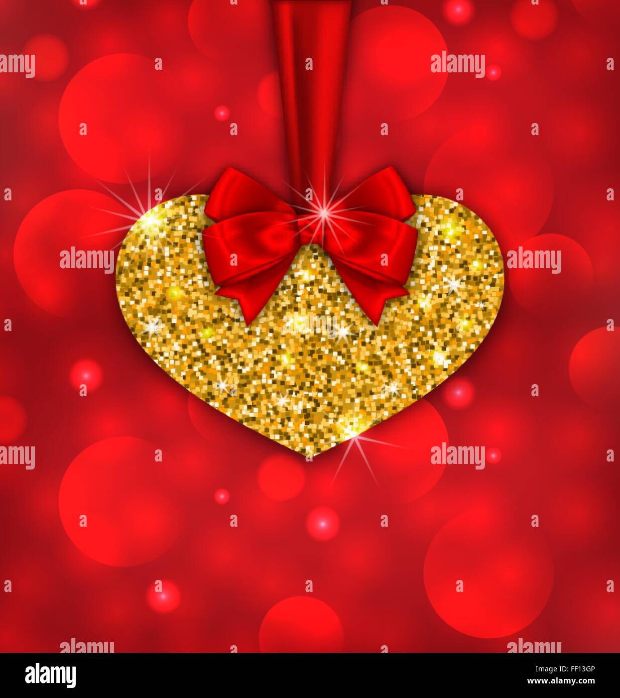 Coeur en or brillant avec ruban rouge Illustration de Vecteur