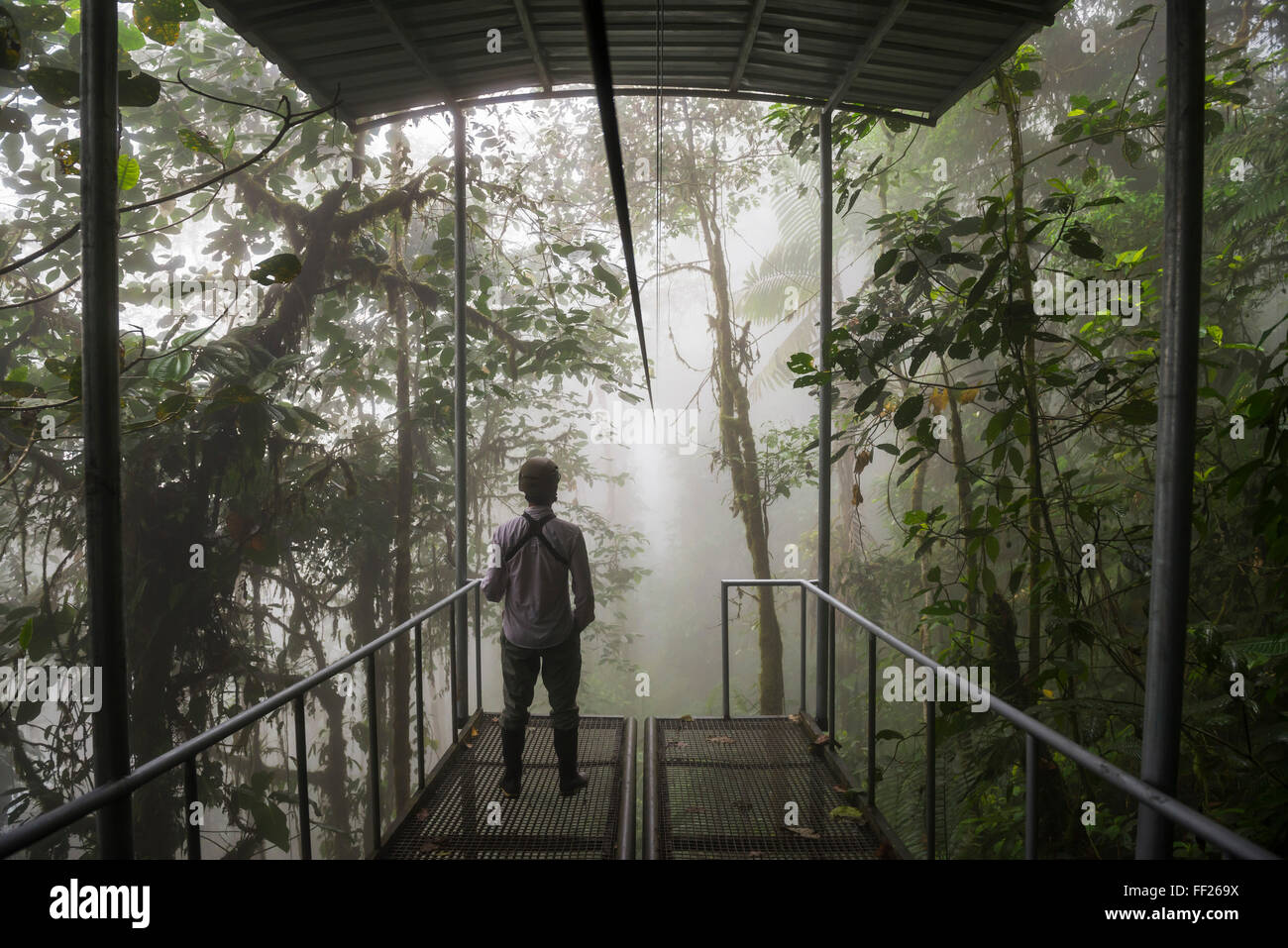 RModge Mashpi Sky Bike station sur un matin brumeux dans le Choco Rainforest, la province de Pichincha, Equateur, Amérique du Sud Banque D'Images