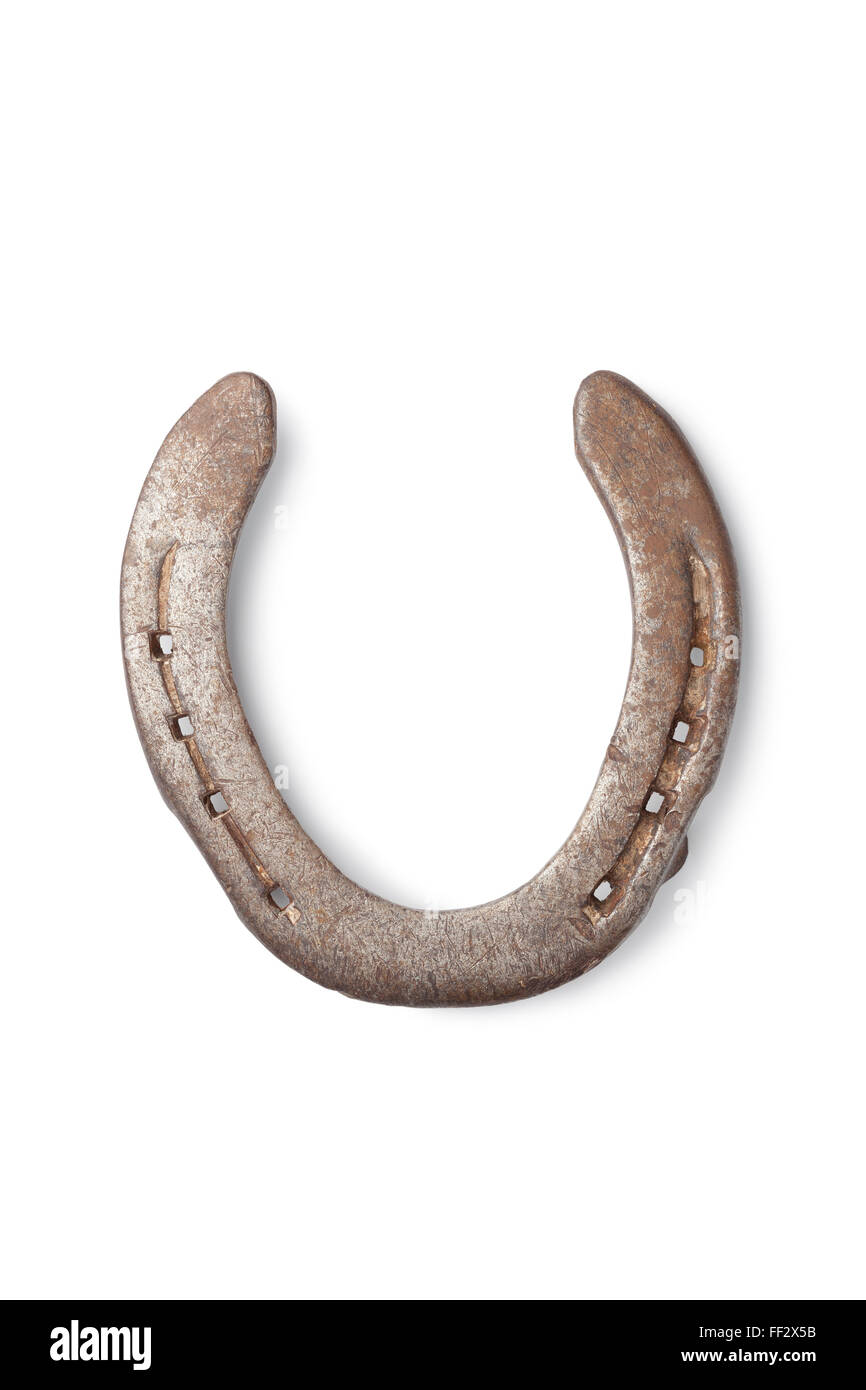 Vieux métal horseshoe onn fond blanc Banque D'Images