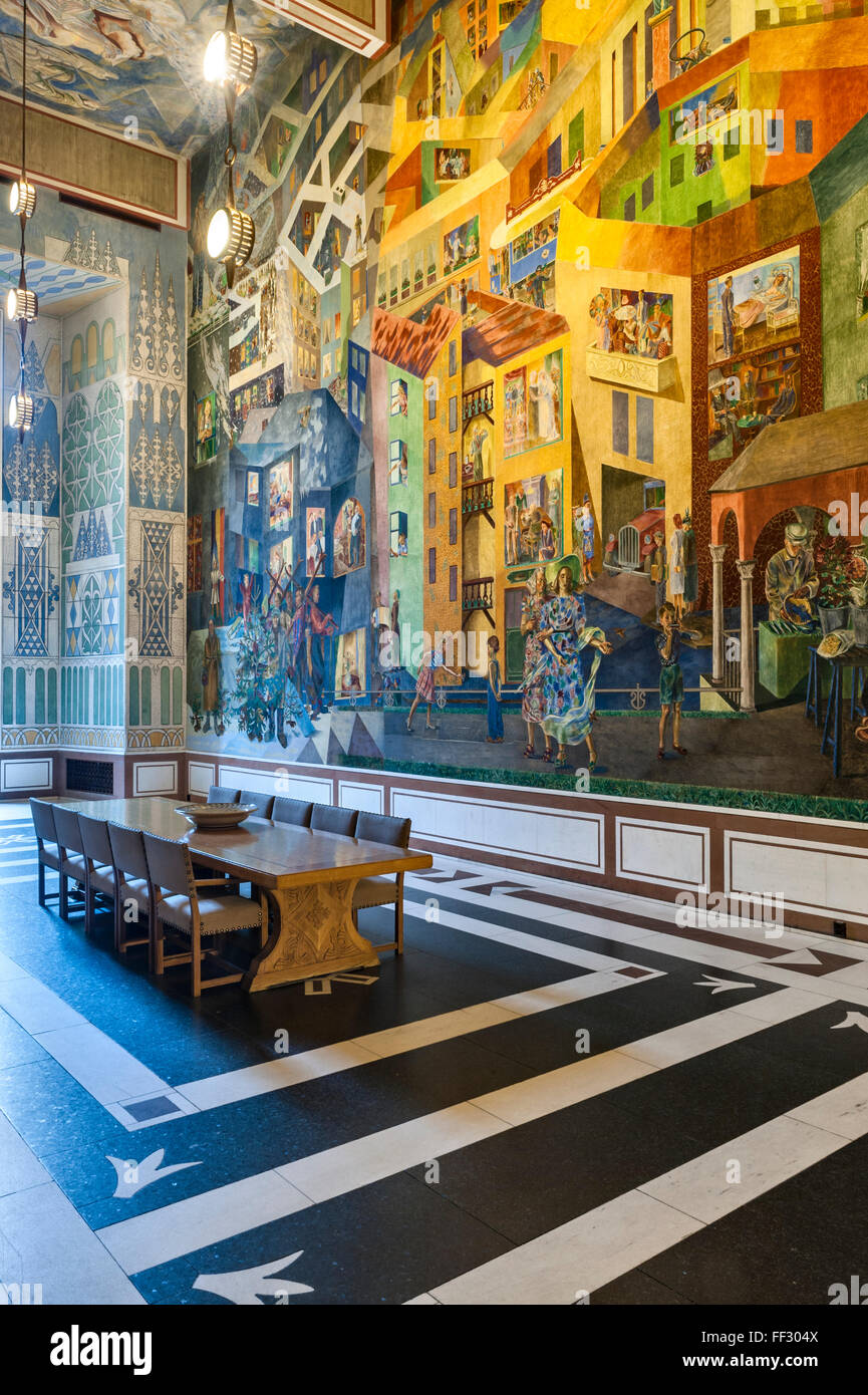 L'hôtel de ville (Radhus), Oslo, Norvège. La Galerie est, fresque par Per Krohg sur le thème de la ville et le pays Banque D'Images