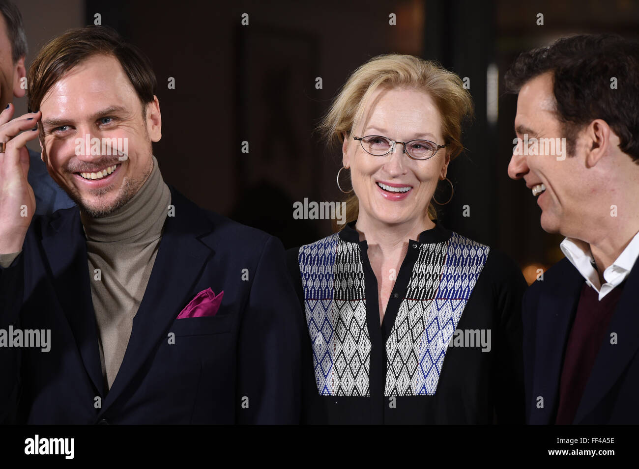 Berlin, Allemagne. 10 fév, 2016. 66e Festival International du Film de Berlin, Allemagne, 10 février 2016. Le jury international, y compris Lars Eidinger (L-R), Meryl Streep et Clive Owen. La Berlinale se déroule du 11 février au 21 février 2016. Photo : JENS KALAENE/dpa/Alamy Live News Banque D'Images