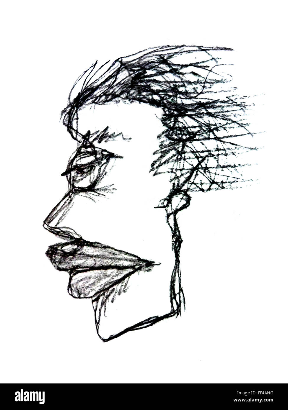 Technique de dessin au crayon illustration raster side view portrait de femme adulte face à de graves ou d'expression de colère en noir co Banque D'Images