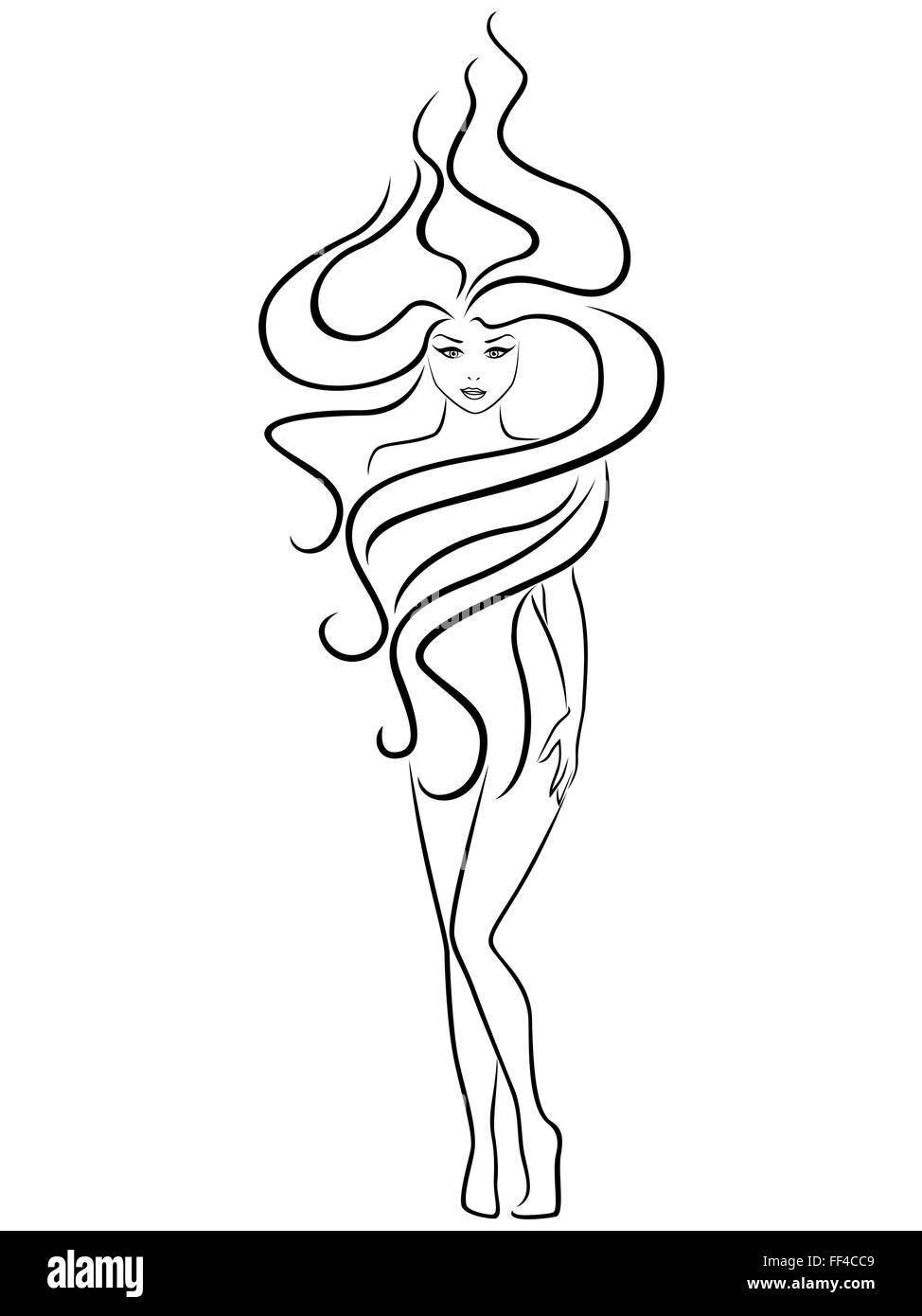 Femme abstraite avec extraordinaire coiffure, dessin à la main contour vectoriel Illustration de Vecteur