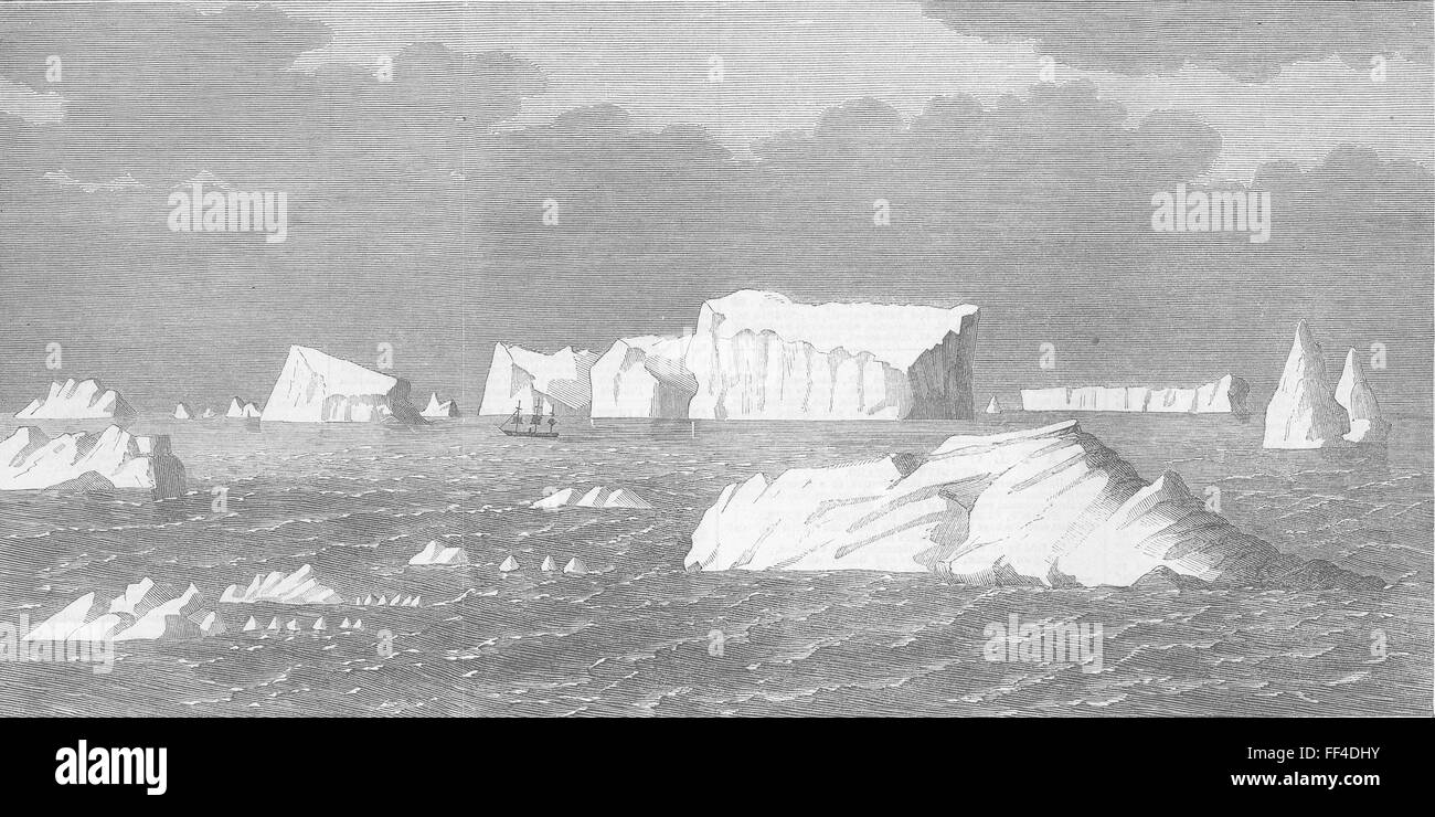 Les navires HMS Himalaya entre les icebergs du Pacifique Sud, 1864. Illustrated London News Banque D'Images