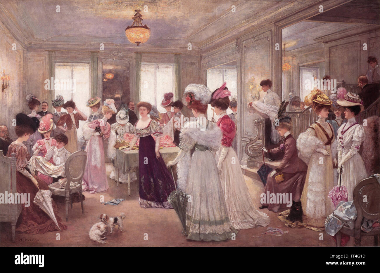 JEANNE PAQUIN (1869-1935), couturier français. Une peinture de 1906 par Henri Gervex intitulé 'cinq heures à Paquin'. Paquin elle-même est dans le centre de robe sombre. Banque D'Images