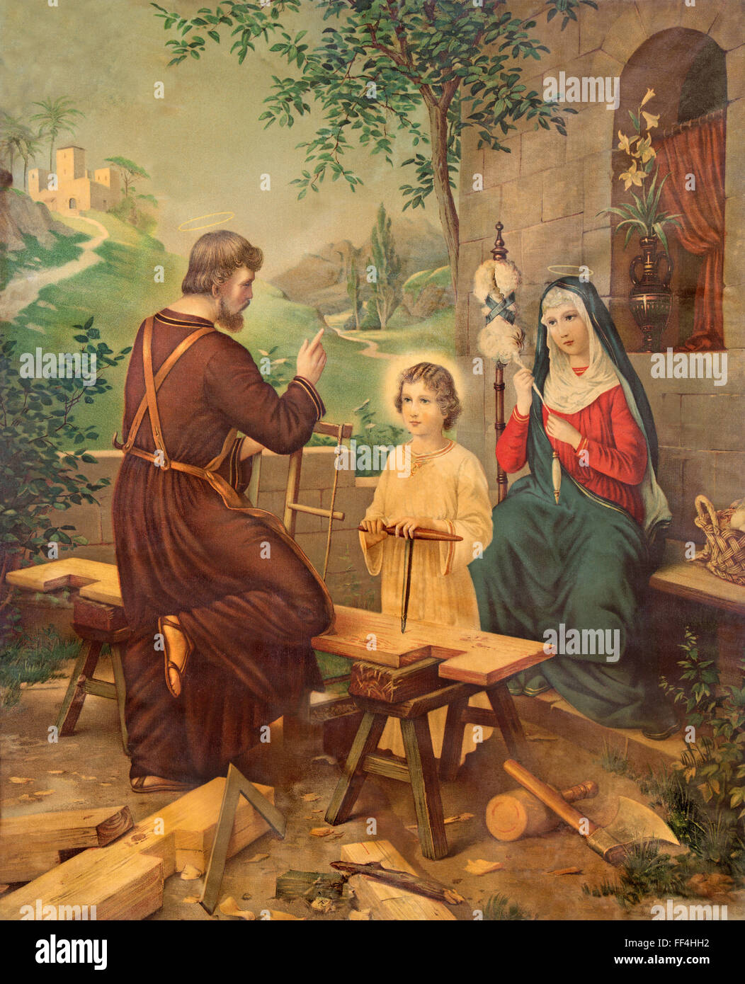 SEBECHLEBY SLOVAQUIE - Juillet 27, 2015 : vieille-catholique de droit de l'image typique de la Sainte Famille, par peintre inconnu. Banque D'Images