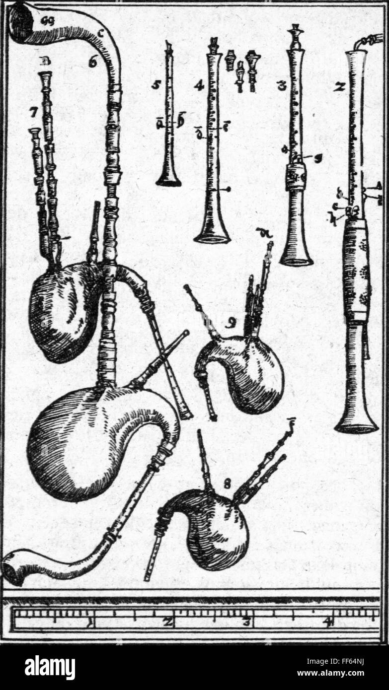 Musique, instruments, instruments à vent, les cornemuses et shawms, gravure sur cuivre de 'Syntagma Musicum' par Michael Praetorius, Allemagne, 1615 - 1619, l'artiste n'a pas d'auteur pour être effacé Banque D'Images
