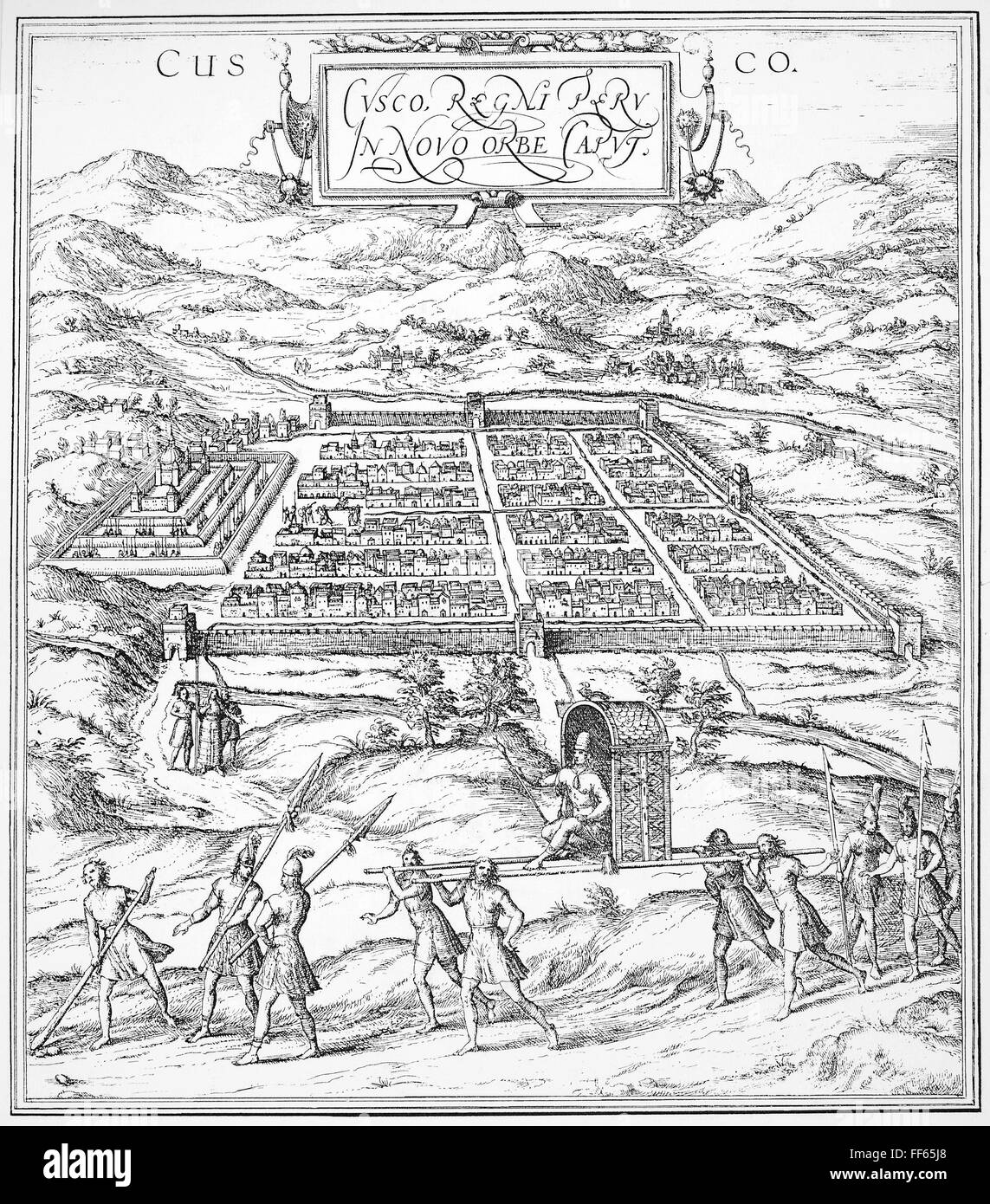 Pérou : CUSCO, 1572. /Nla ville de Cuzco, Pérou. Gravure allemande, 1572. Banque D'Images