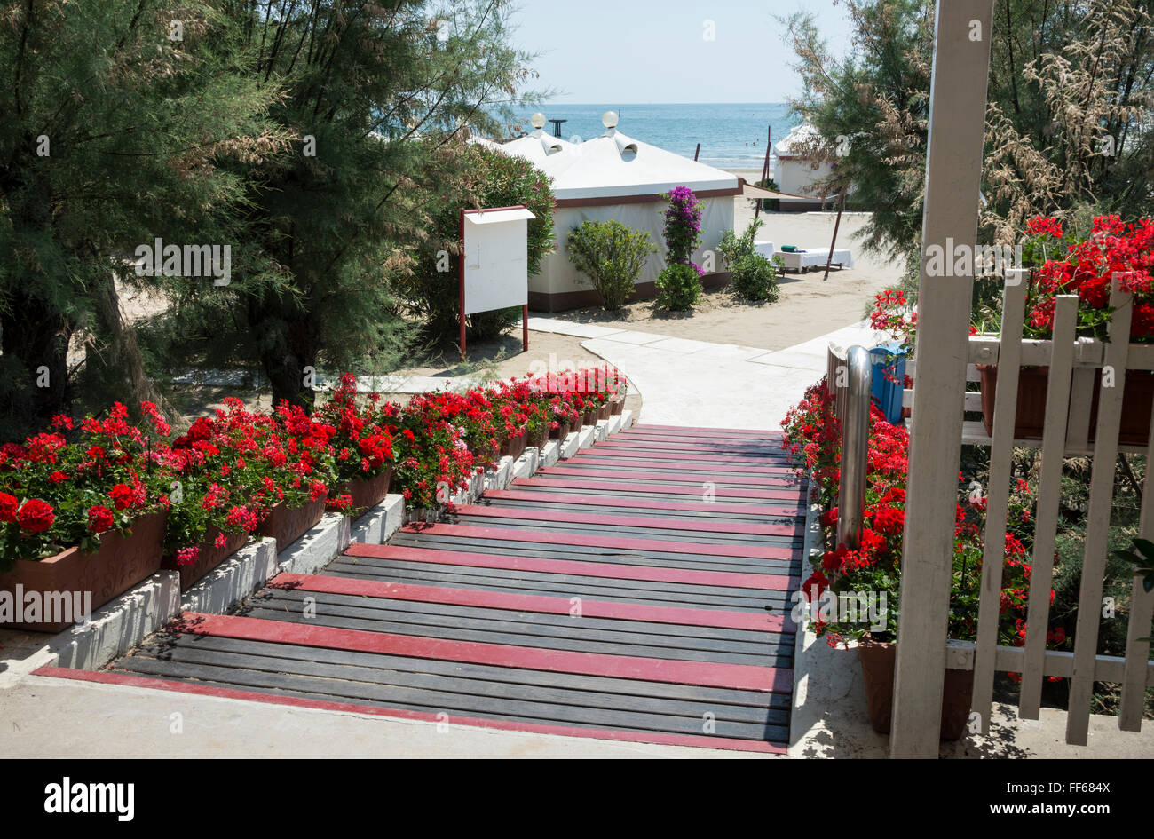 Le géranium rouge décoratif sur les marches en bois menant à la plage de Lungomare Guglielmo Marconi sur l'île de Lido di Venezia à travers Banque D'Images