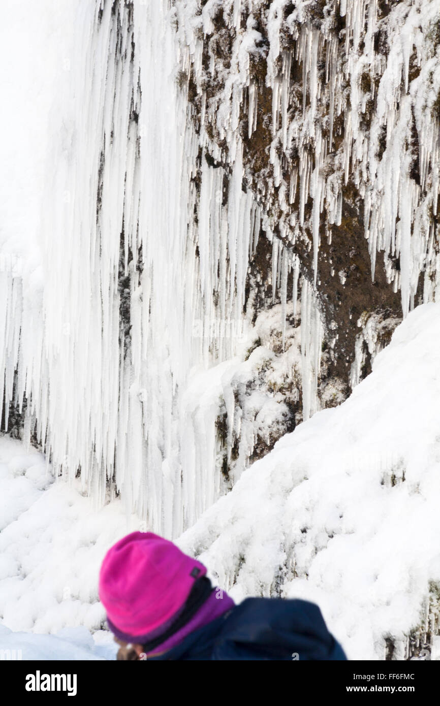 Chapeau de visiteur rose contrastant avec des icules congelés à la cascade de Skogafoss, en Islande du Sud en janvier Banque D'Images
