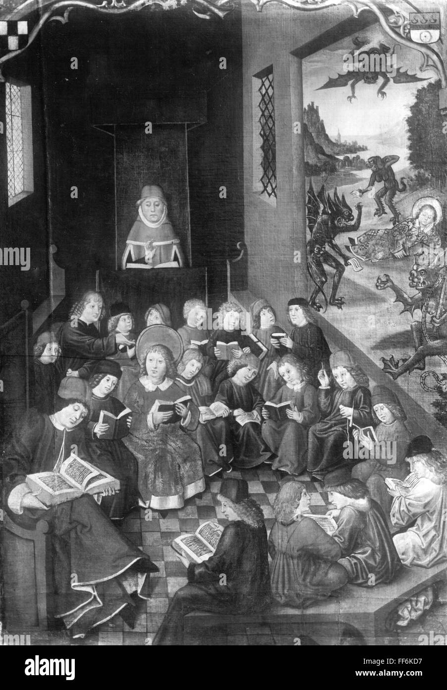 Pédagogie, école / leçons / discipline, scène scolaire, peinture par un maître de Cologne, deuxième moitié du XVe siècle, musée Wallraff-Richartz, Cologne, droits additionnels-Clearences-non disponible Banque D'Images