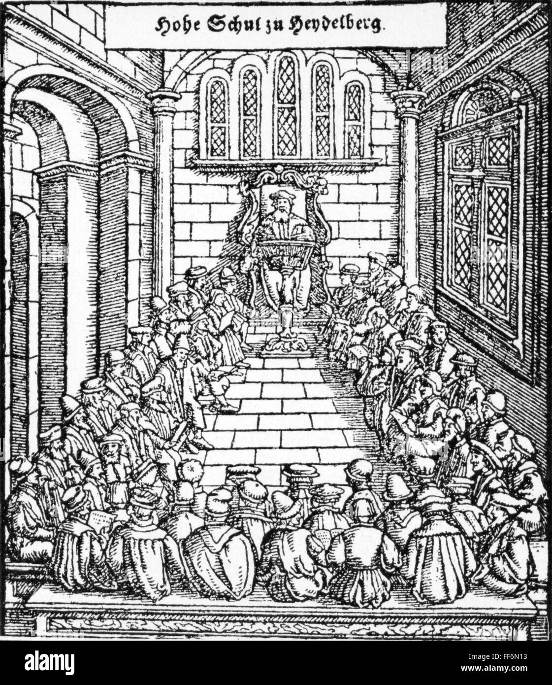 Pédagogie, université, salle de conférence, Heidelberg, boisés, de: Sebastian Münster (1488 - 1552), 'Cosmographia', imprimer: Heinrich Petri, Bâle, 1544, droits additionnels-Clearences-non disponible Banque D'Images