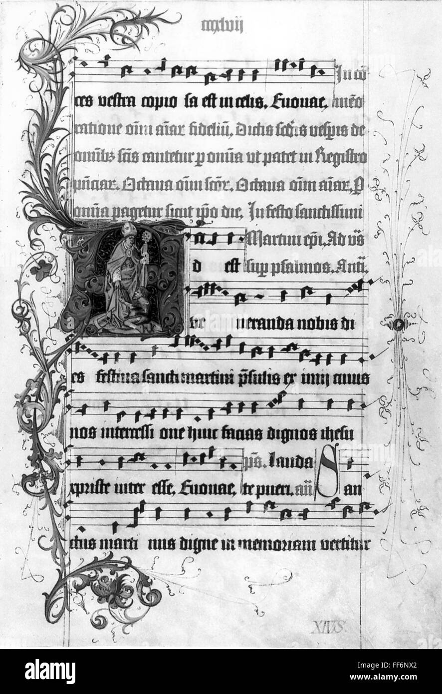 Musique, notation, antiphonaire, feuille de musique avec illustration de Saint Martin, Mayence, vers 1485, droits additionnels-Clearences-non disponible Banque D'Images
