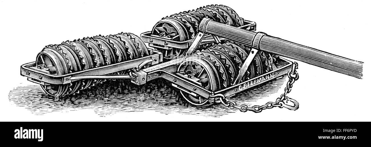 agriculture, outils, rouleau à pointes, gravure en bois, de: 'Buch der Erfindungen, Gewerbe und Industrien, maison d'édition Otto Spamer, Leipzig - Berlin, 1864 - 1867, droits additionnels-Clearences-non disponible Banque D'Images