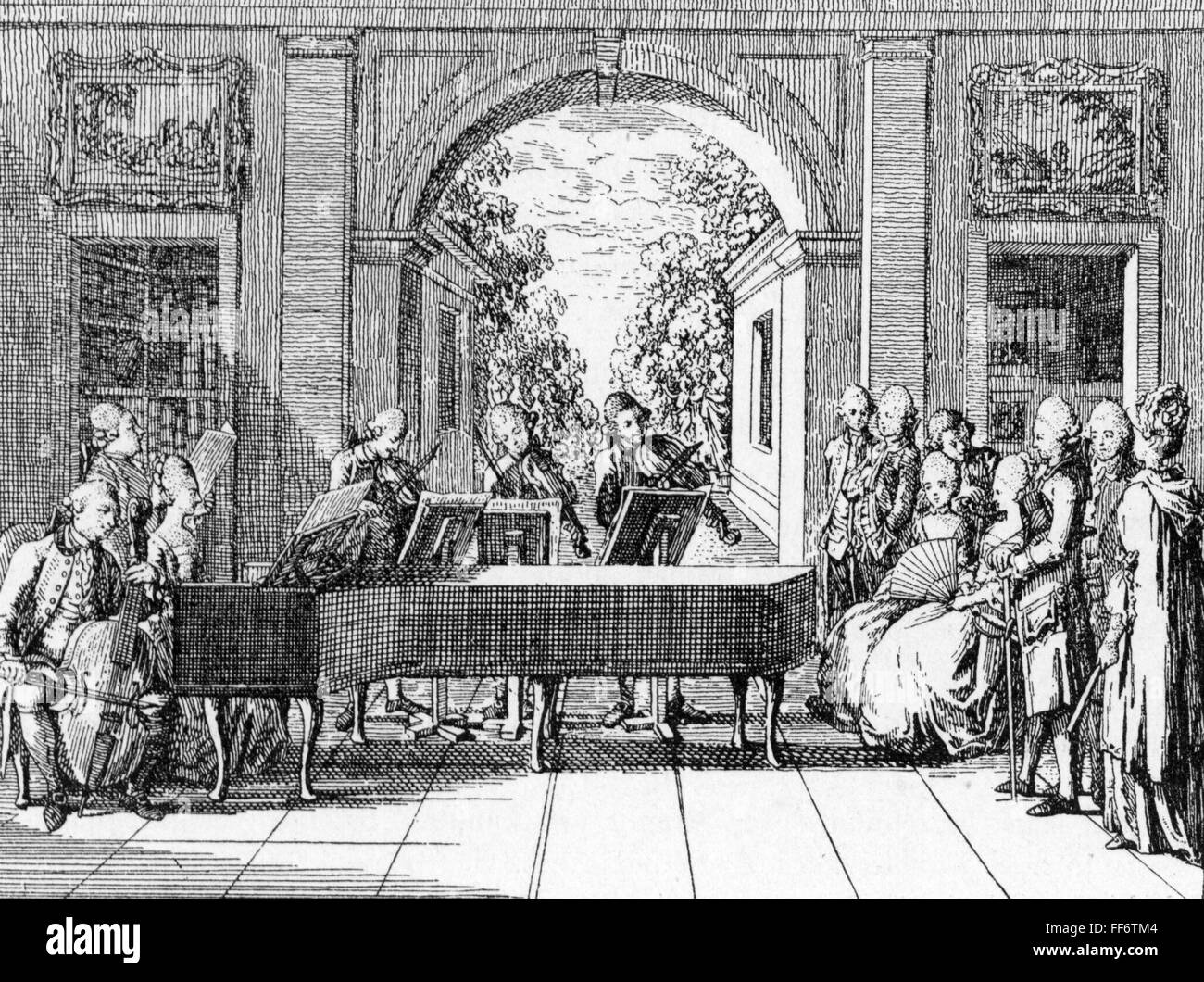 La musique, les concerts, la société de lecture, gravure sur cuivre par Daniel Chodowiecki, à 'Elementarwerk" de Johann Bernhard Basedow, 1774, l'artiste n'a pas d'auteur pour être effacé Banque D'Images