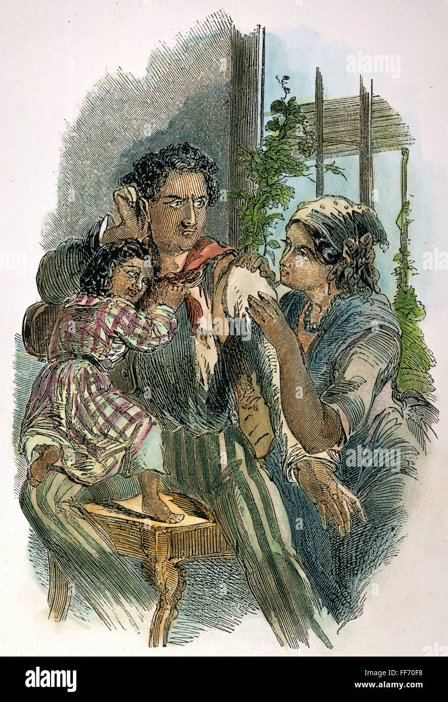 L'oncle Tom. /NGeorge, Eliza, et Harry dans une illustration pour un 19ème édition du roman de Harriet Beecher Stowe. Banque D'Images