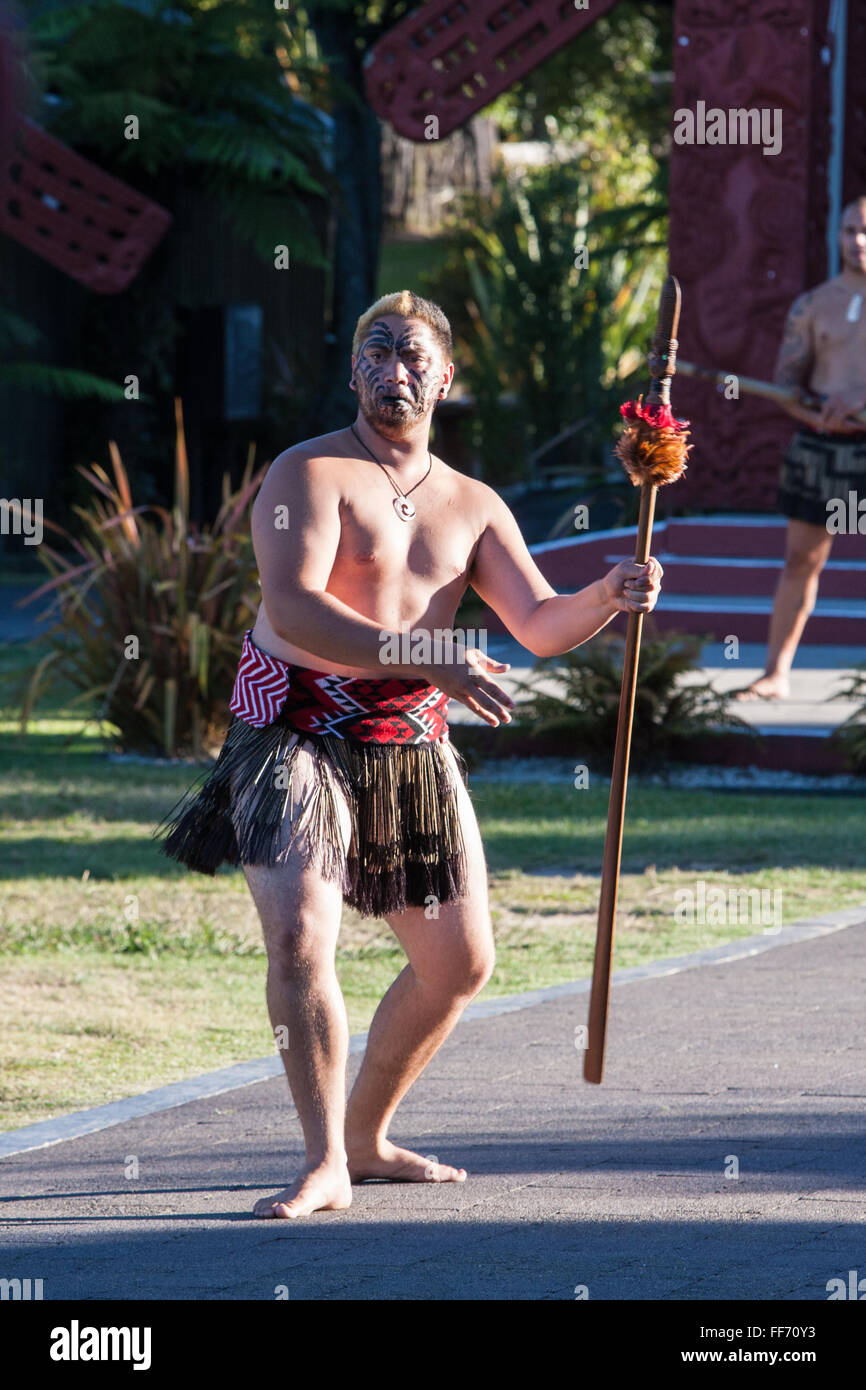 (Te Puia New Zealand Maori Arts & Crafts Institute), la culture maorie de Rotorua, île du Nord, Nouvelle-Zélande.Emplacement de Pohutu geyser. Banque D'Images