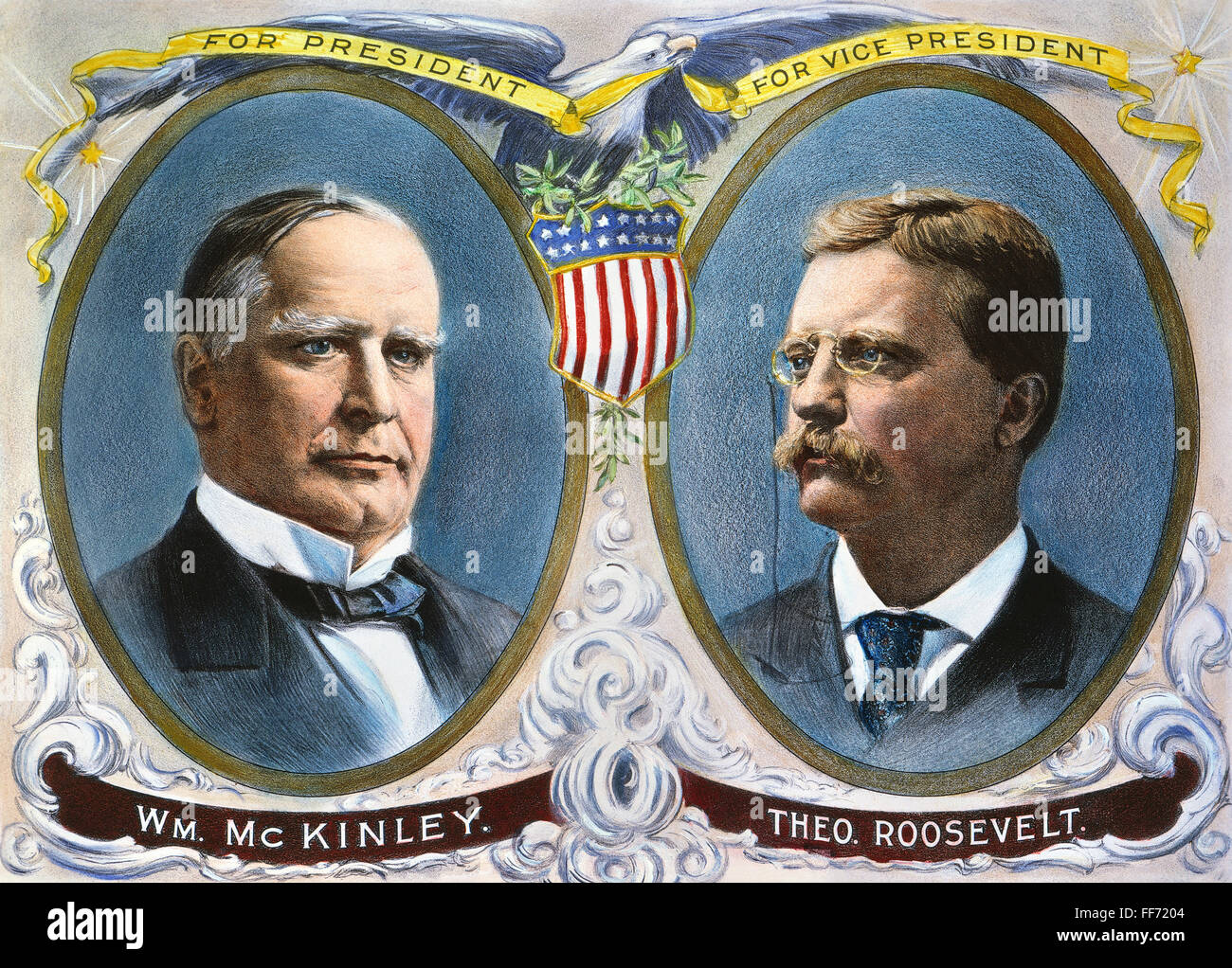 Campagne présidentielle, 1900. /NWilliam McKinley et Theodore Roosevelt que les candidats républicains à la présidence et vice-président sur une lithographie affiche de campagne. Banque D'Images