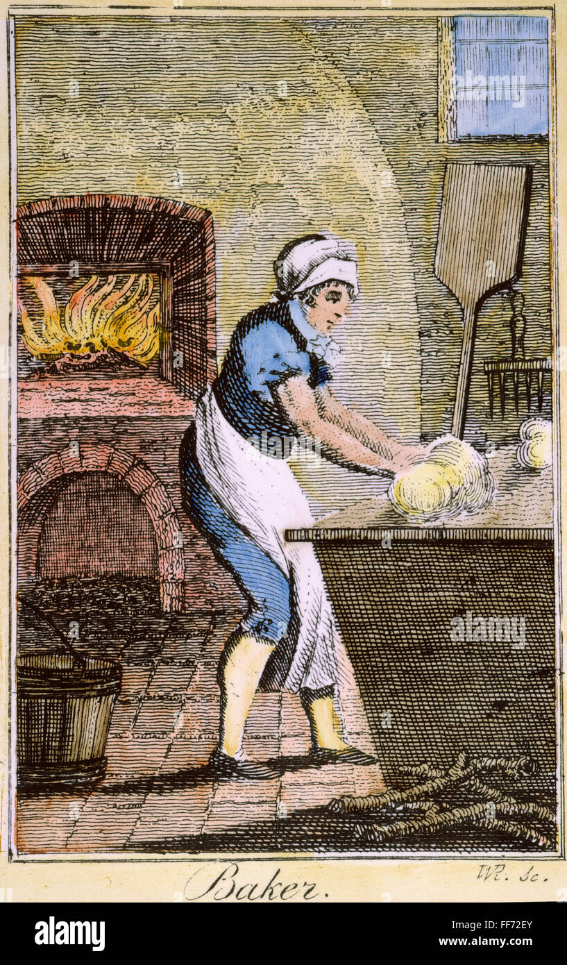 BAKER COLONIALE, 18e C. /nA baker coloniale américaine. La ligne de couleur gravure, fin du 18e siècle. Banque D'Images