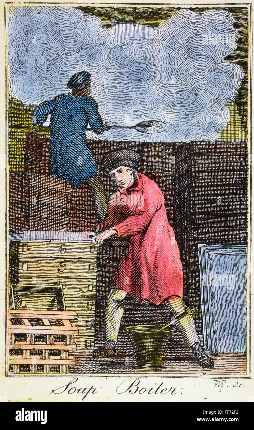 SOAPMAKER COLONIALE, 18e C. /nA soapmaker coloniale américaine assisté par un fonctionnaire sous contrat : gravure, fin du 18e siècle. Banque D'Images