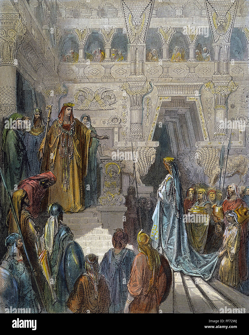 La réception de Salomon SHEBA. /NSolomon recevant la reine de Saba (II Chroniques 9:1). Gravure couleur après Gustave DorΘ. Banque D'Images