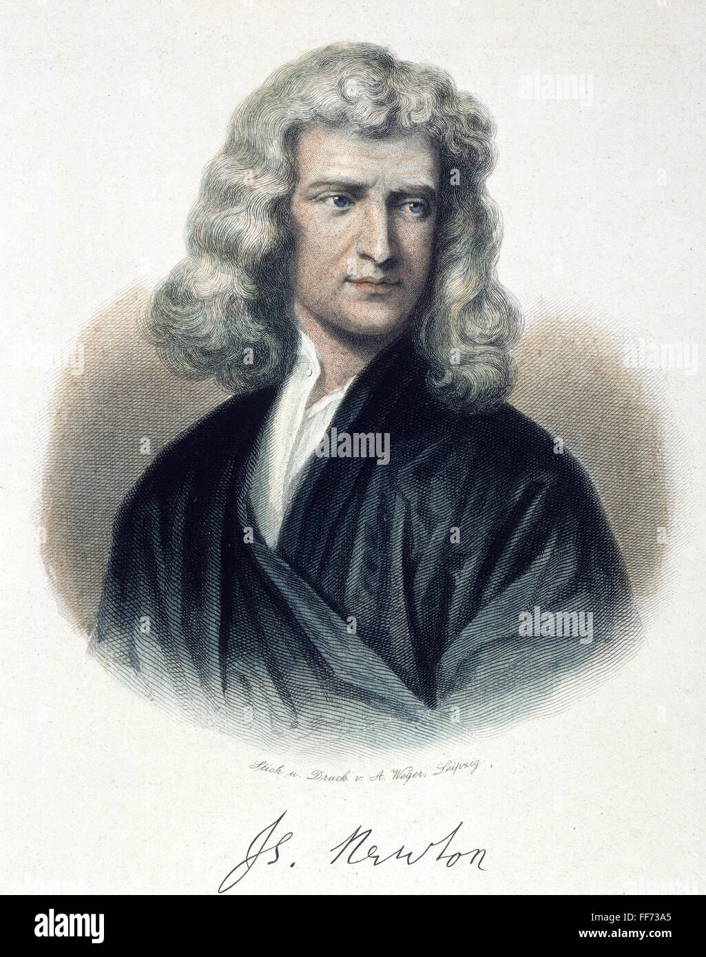 SIR Isaac Newton (1642-1727). NEnglish /physicien et mathématicien. Gravure sur acier de couleur, l'allemand, 19e siècle. Banque D'Images