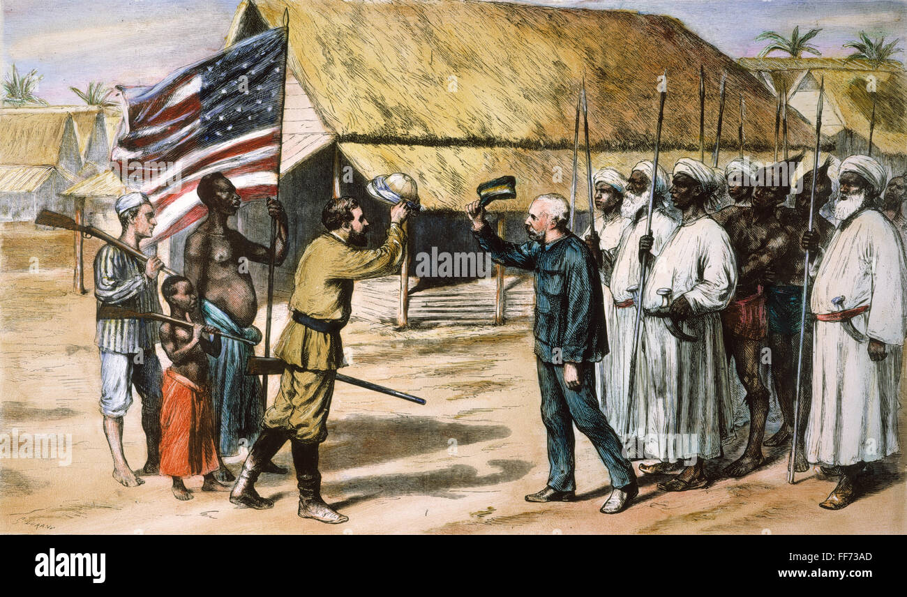 STANLEY & Livingstone, 1871. /Nla rencontre Henry Morton Stanley et David Livingstone à Ujiji, le lac Tanganyika, le 10 novembre 1871. La gravure sur bois, cuisine américaine, 1872, après Godefroy Durand. Banque D'Images