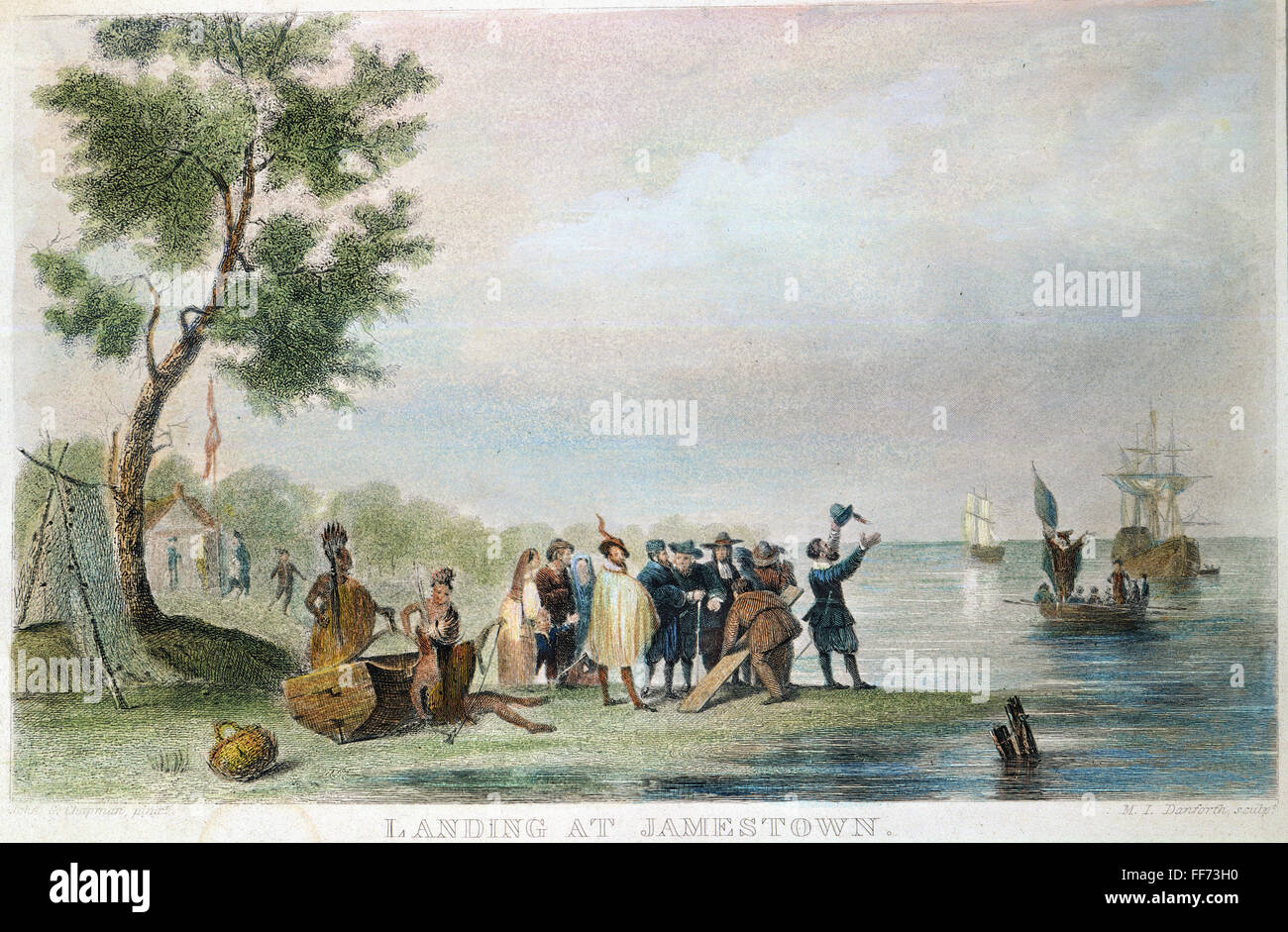 L'atterrissage à Jamestown, 1607. Gravure couleur /nAmerican, 19e siècle. Banque D'Images