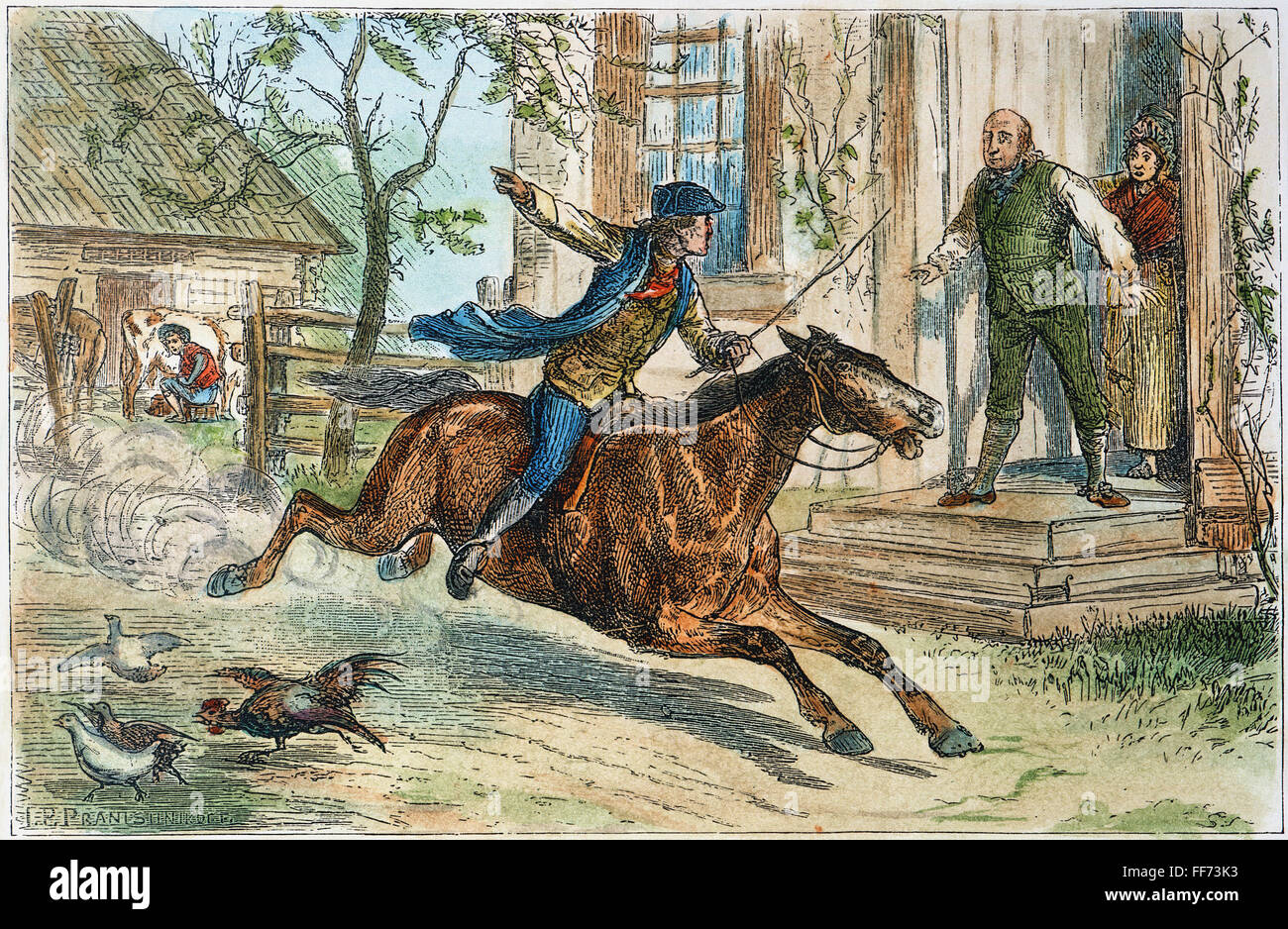 PAUL REVERE'S RIDE /nde Boston à Lexington, le 18 avril 1775. Gravure couleur, 19e siècle. Banque D'Images