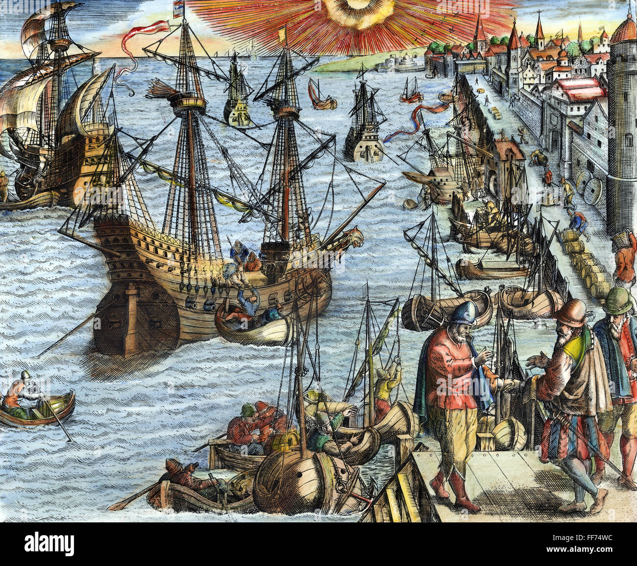 Nouveau Monde : Voyage, 1592. /Nla le départ d'un voyage exploratoire au nouveau monde de Lisbonne. La gravure, ligne 1592, par Theodor de Bry. Banque D'Images