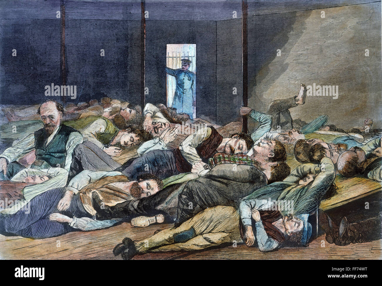 NYC : SANS-ABRI, 1874. Station-House /n : certains pensionnaires de sans-abri de la ville de New York les pauvres passent la nuit dans le sous-sol de la 17ème arrondissement de police. D'après un dessin de Winslow Homer, 1874. Banque D'Images