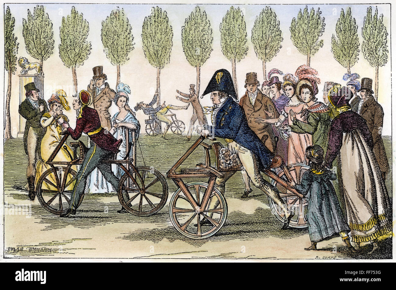 PARIS : le vélo, 1818. /Nla vélocipède bien sûr dans le jardin du Luxembourg, Paris, France, en 1818. La gravure sur bois, le français, 19e siècle. Banque D'Images