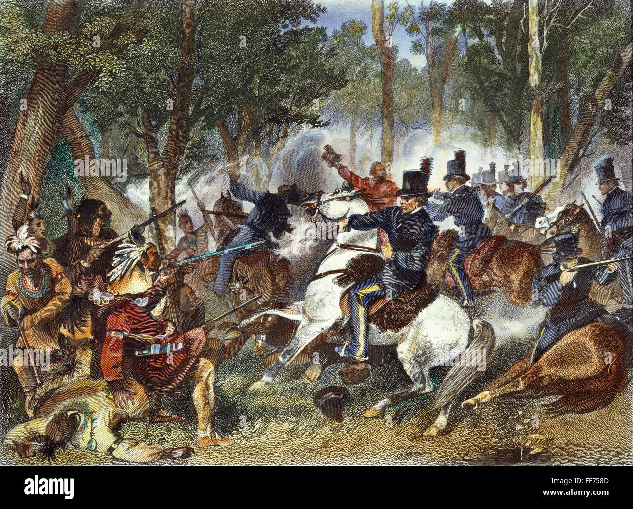 La mort de Tecumseh, 1813. /Nla Mort de Tecumseh à la bataille de la Thames, 5 octobre 1813. Gravure sur acier, 1857, après Alonzo Chappel. Banque D'Images