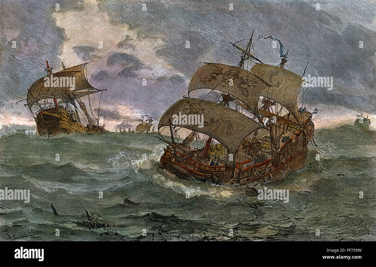 L'Armada espagnole, 1588. /Nla Retreat de l'Armada espagnole. Ligne de couleur gravure, 1588. Banque D'Images