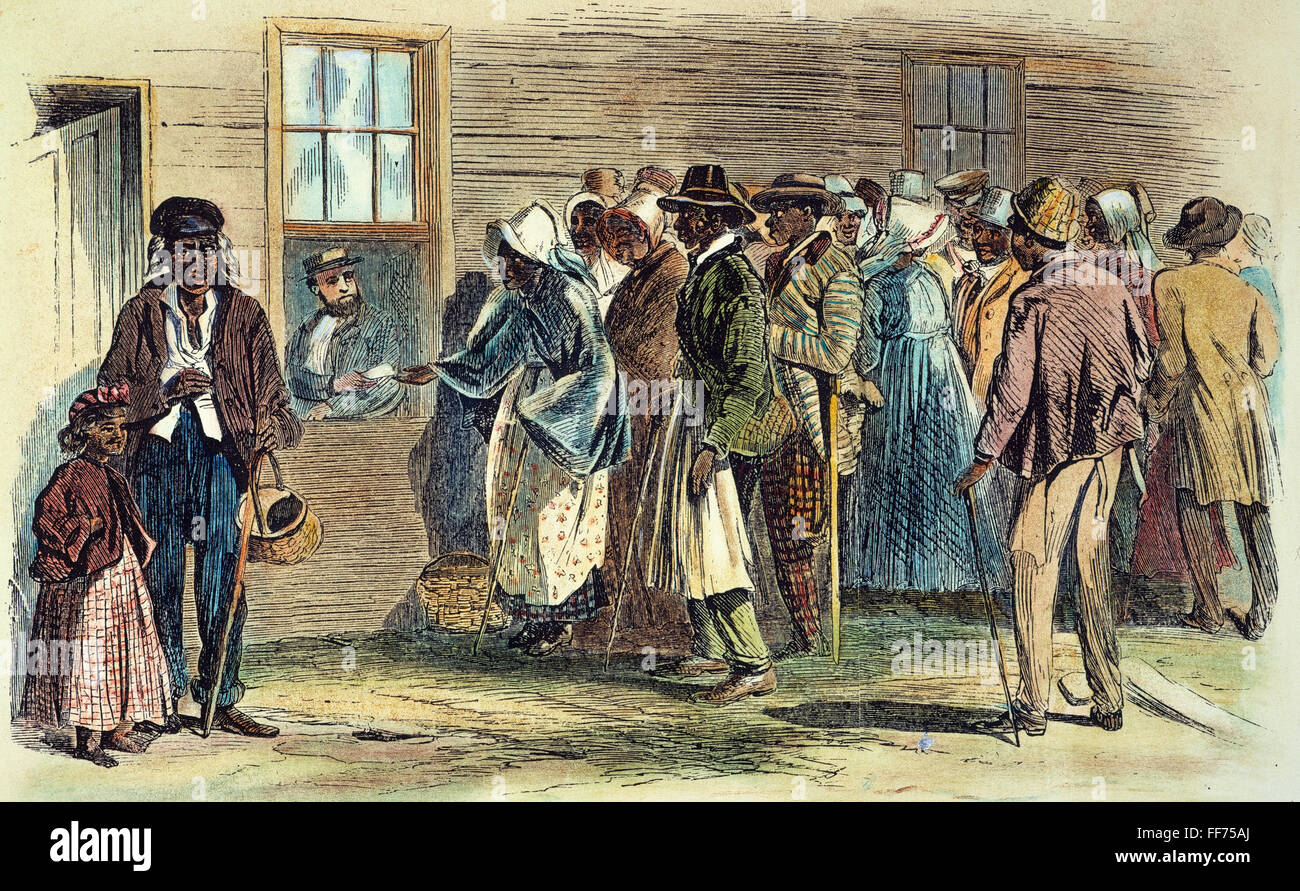 VA : BUREAU DU FREEDMEN 1866. /NIssuing rations alimentaires aux vieux et malade à la fin aux Bureau à Richmond, Virginia : gravure couleur, 1866. Banque D'Images