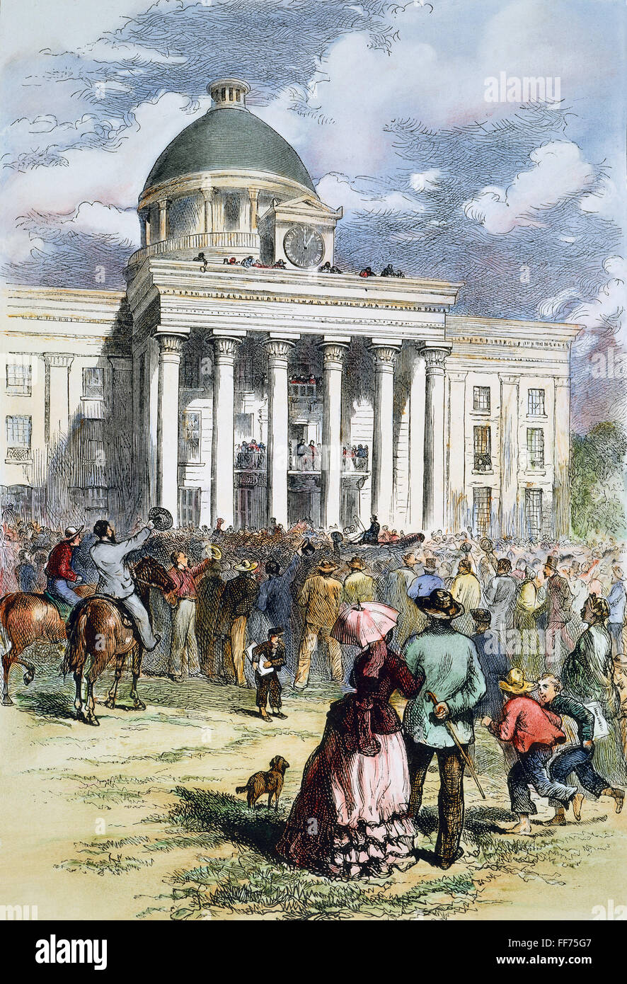 JEFFERSON DAVIS /n(1808-1889). L'inauguration de Davis comme président des États confédérés d'Amérique à Montgomery, en Alabama, le 18 février 1861 : gravure couleur, 19e siècle. Banque D'Images